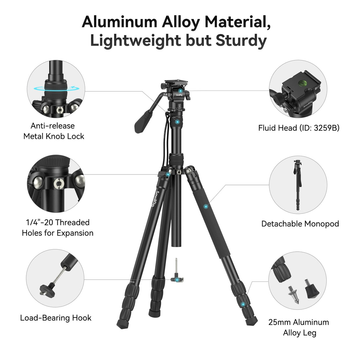 SmallRig FreeBlazer 73" Video Tripod for Vertical/Horizontal Shooting, Monopod Conversion, Rotatable QR Plate, for Camcorder, Mirrorless, DSLR, with Carry Bag, Load up to 11 lbs/5 kg - 4307 – view 26