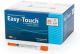 Easy Touch 30 Gauge U-100 Insulin Syringes (30G 1cc 1/2”) with 1/2” Long Needle, 1cc (100 Unit Capacity), Bold Markings for Accurate Dosing, Disposable, Box of 100