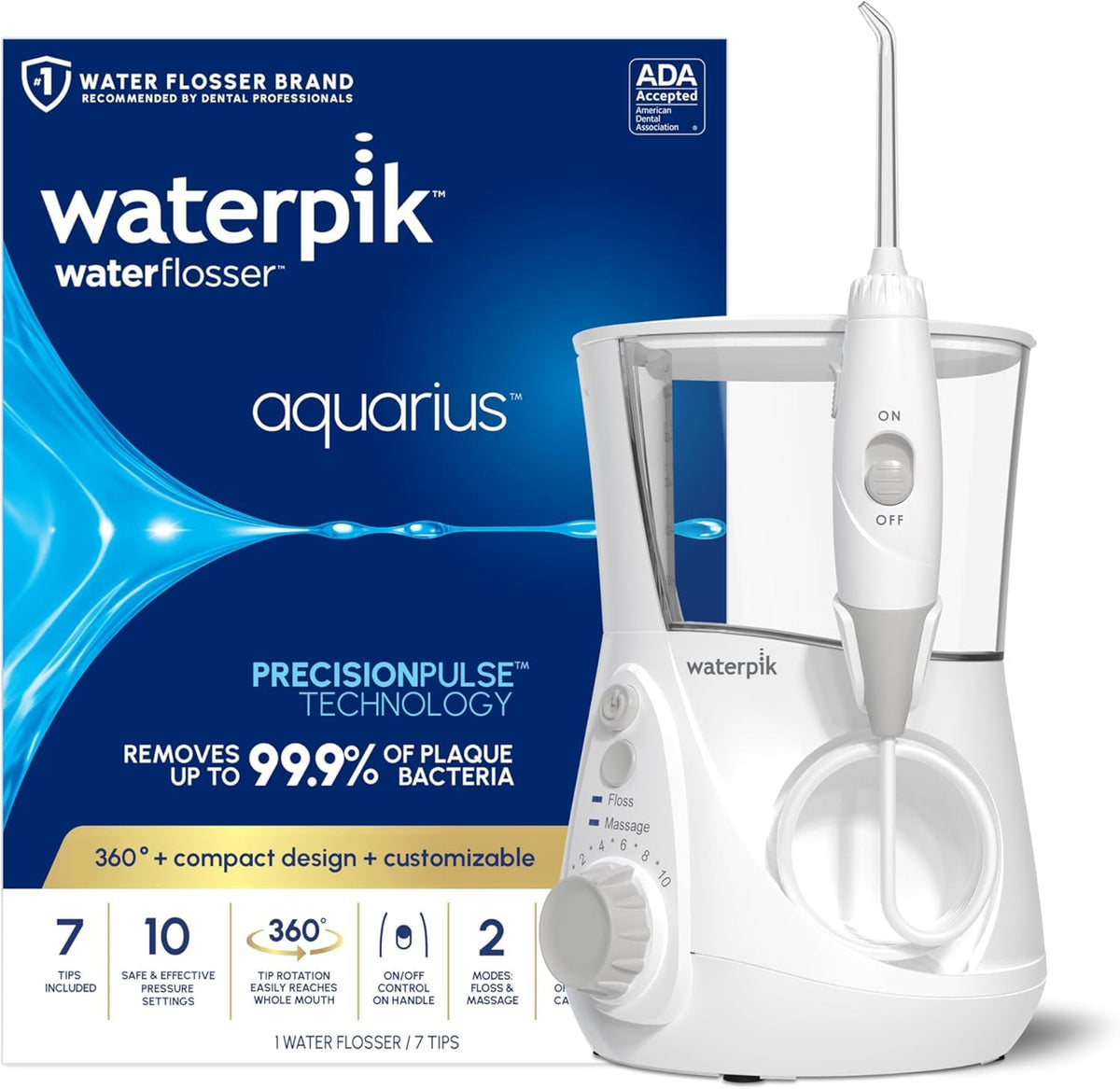 Waterpik Aquarius Water Flosser For Teeth Cleaning, Gums, Braces, Dental Care, Electric Power With 10 Settings, 7 Tips For Multiple Users & Needs, CDA Validated, Black WP-662, Packaging May Vary | 10 pressure settings, For gums, braces, implants and teeth – view 2