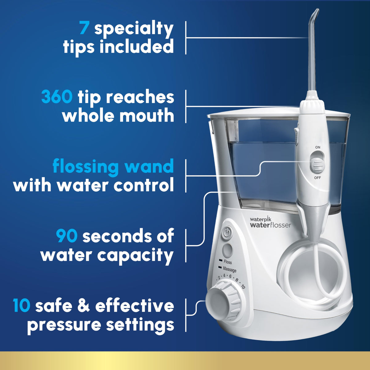 Waterpik Aquarius Water Flosser For Teeth Cleaning, Gums, Braces, Dental Care, Electric Power With 10 Settings, 7 Tips For Multiple Users & Needs, CDA Validated, Black WP-662, Packaging May Vary | 10 pressure settings, For gums, braces, implants and teeth – view 10