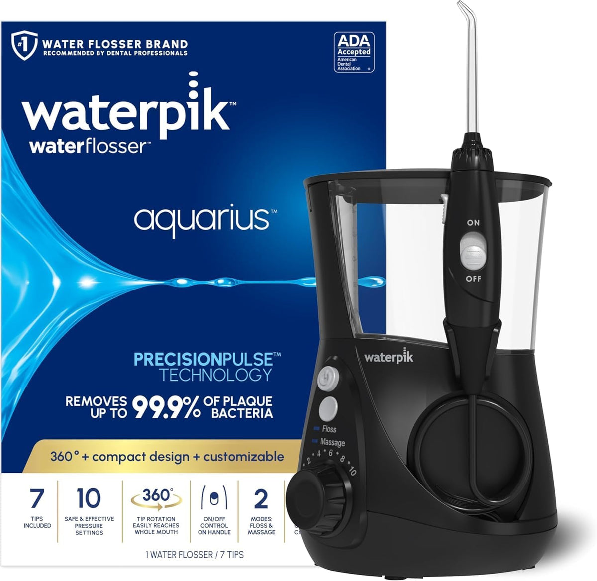 Waterpik Aquarius Water Flosser For Teeth Cleaning, Gums, Braces, Dental Care, Electric Power With 10 Settings, 7 Tips For Multiple Users & Needs, CDA Validated, Black WP-662, Packaging May Vary | 10 pressure settings, For gums, braces, implants and teeth