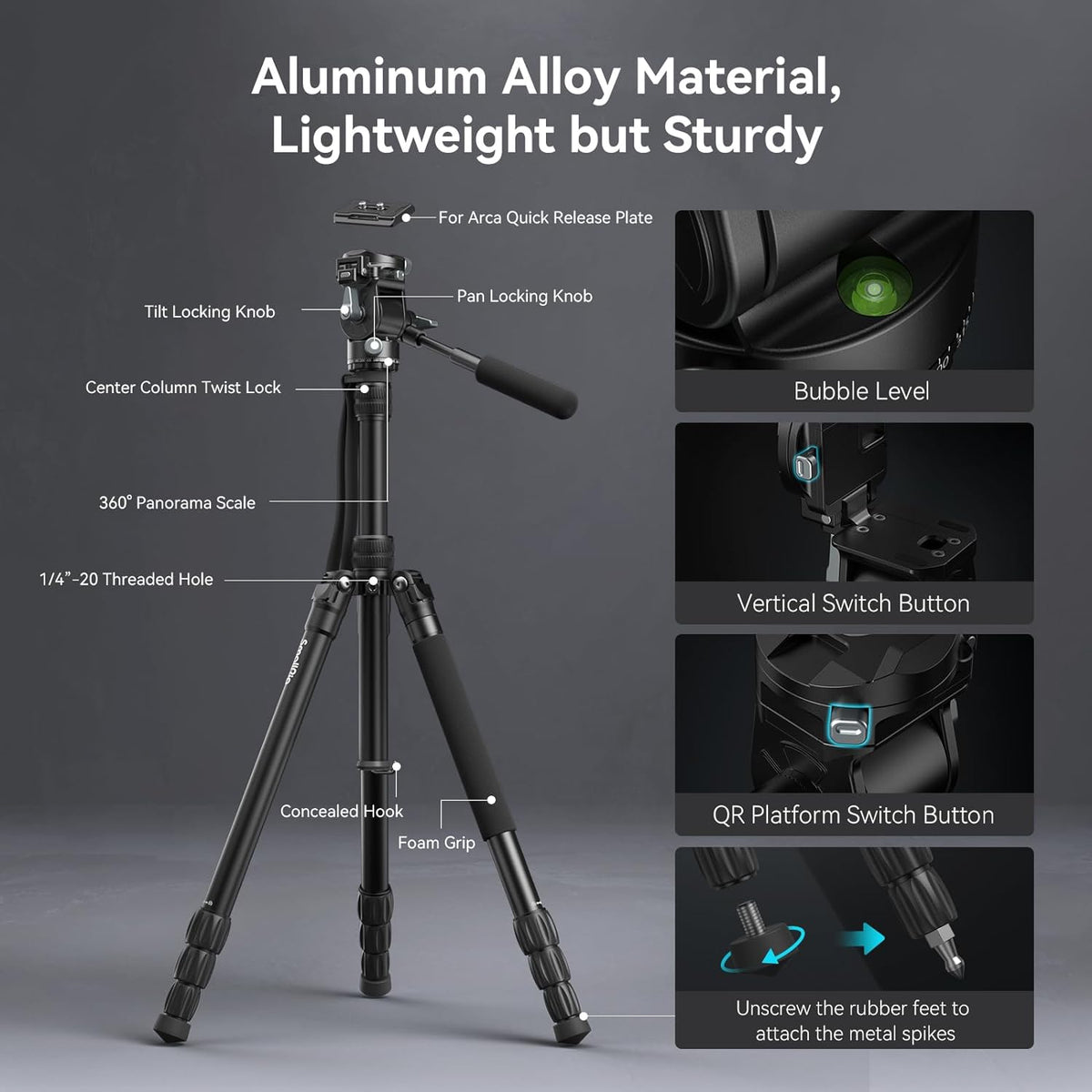 SmallRig FreeBlazer 73" Video Tripod for Vertical/Horizontal Shooting, Monopod Conversion, Rotatable QR Plate, for Camcorder, Mirrorless, DSLR, with Carry Bag, Load up to 11 lbs/5 kg - 4307 – view 7