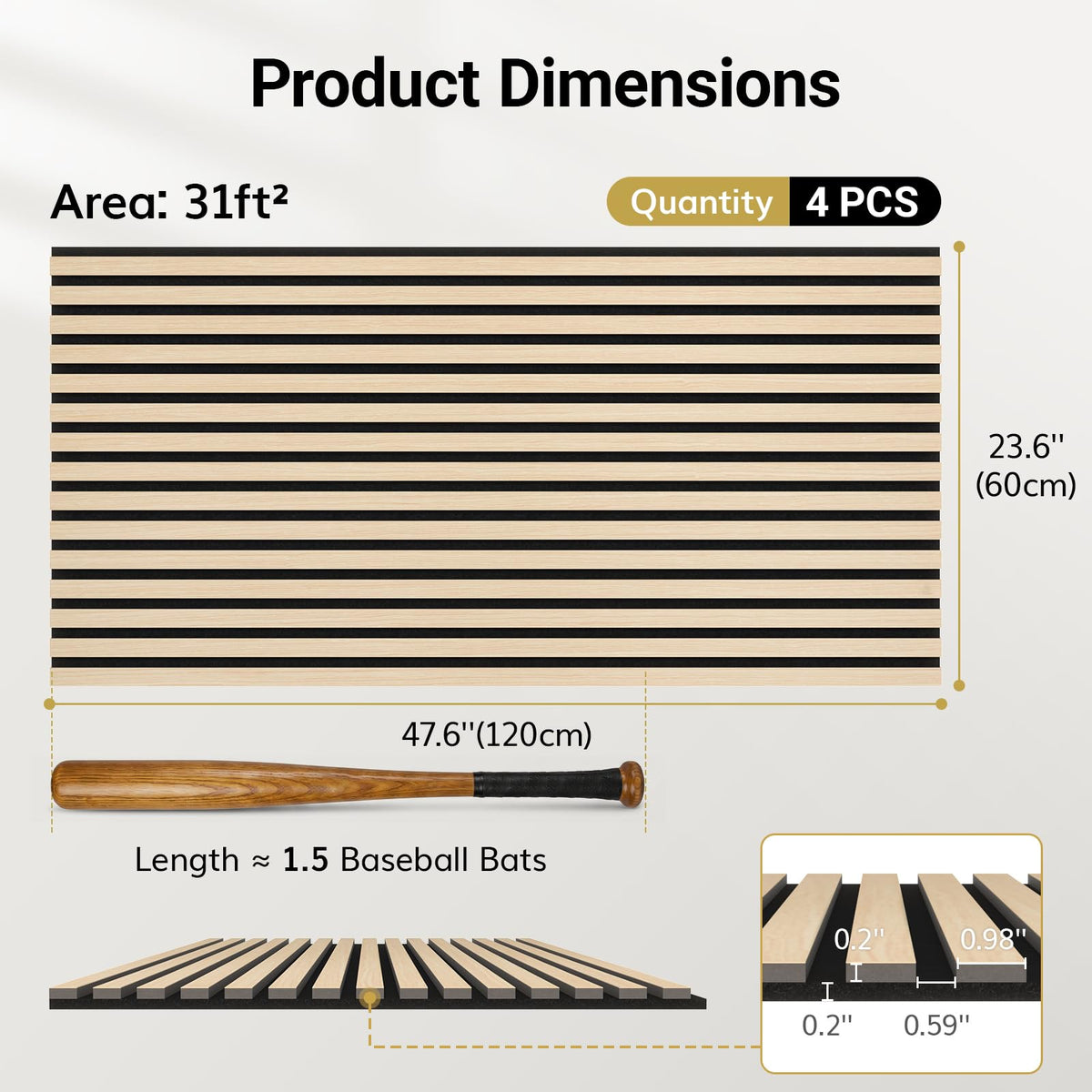 TONOR 4 Pack Acoustic Panels, Wood Panels for Walls, 47.2" x 23.6" Panneau Acoustique Mural, Flexible Slat Wall Panel for Home, Studio, Office, Brown – view 11