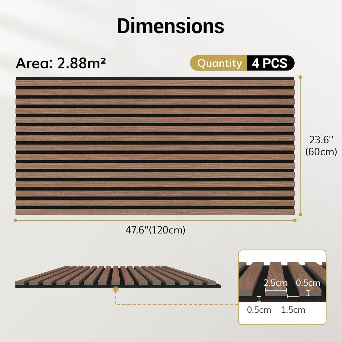 TONOR 4 Pack Acoustic Panels, Wood Panels for Walls, 47.2" x 23.6" Panneau Acoustique Mural, Flexible Slat Wall Panel for Home, Studio, Office, Brown