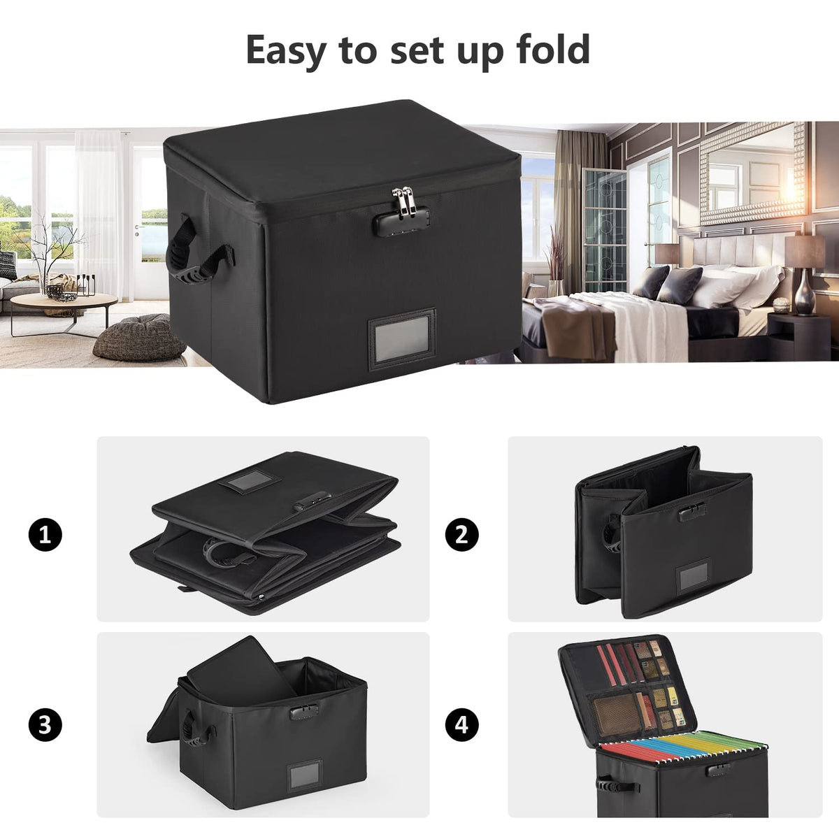 5200°F Fireproof Document Box with Lock, included Dividers (Black) | Fire Proof File Box，Collapsible Storage Box with Zippers and Inserts Pockets, Portable Bag Home Office Letter/Legal Folder – view 17