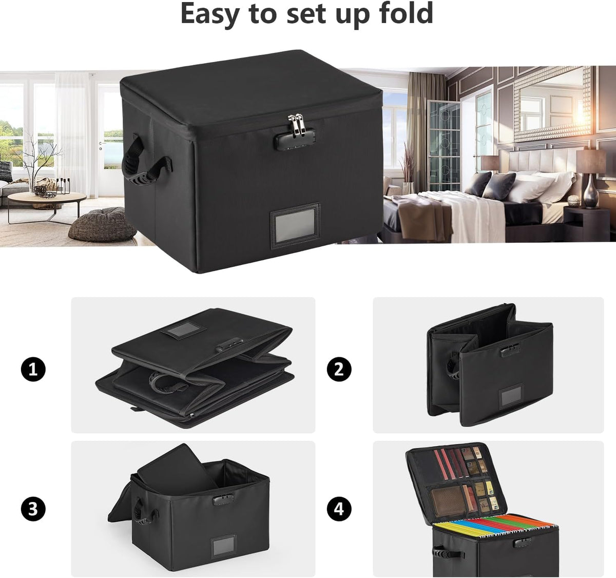 5200°F Fireproof Document Box with Lock, included Dividers (Black) | Fire Proof File Box，Collapsible Storage Box with Zippers and Inserts Pockets, Portable Bag Home Office Letter/Legal Folder – view 8
