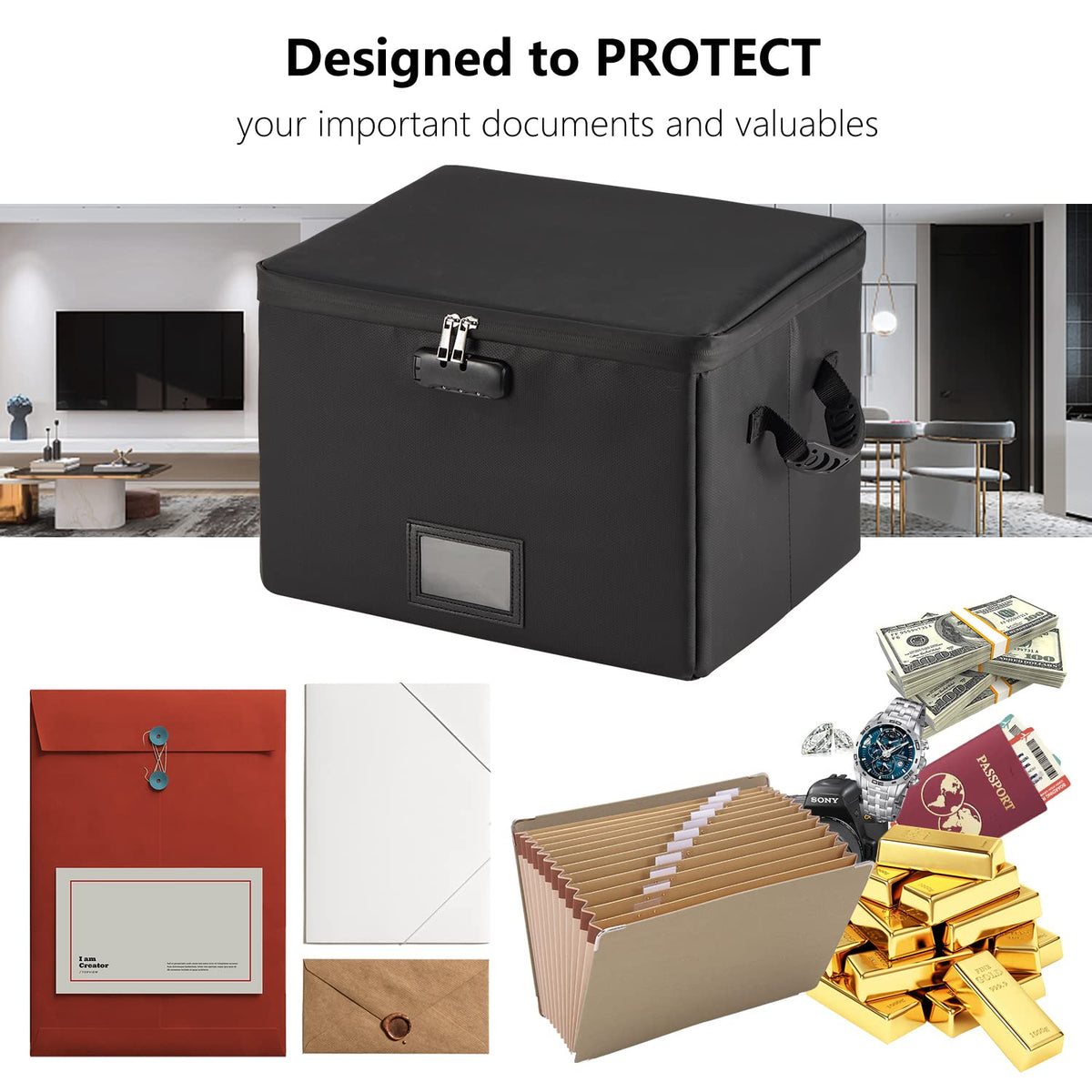5200°F Fireproof Document Box with Lock, included Dividers (Black) | Fire Proof File Box，Collapsible Storage Box with Zippers and Inserts Pockets, Portable Bag Home Office Letter/Legal Folder – view 15