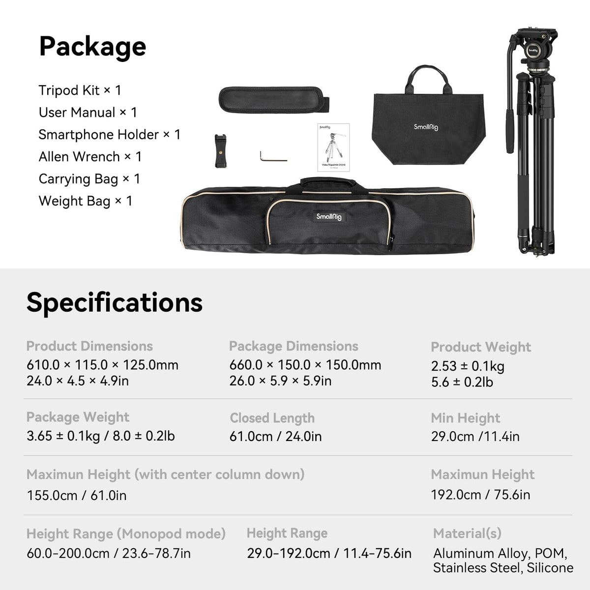 SmallRig FreeBlazer 73" Video Tripod for Vertical/Horizontal Shooting, Monopod Conversion, Rotatable QR Plate, for Camcorder, Mirrorless, DSLR, with Carry Bag, Load up to 11 lbs/5 kg - 4307