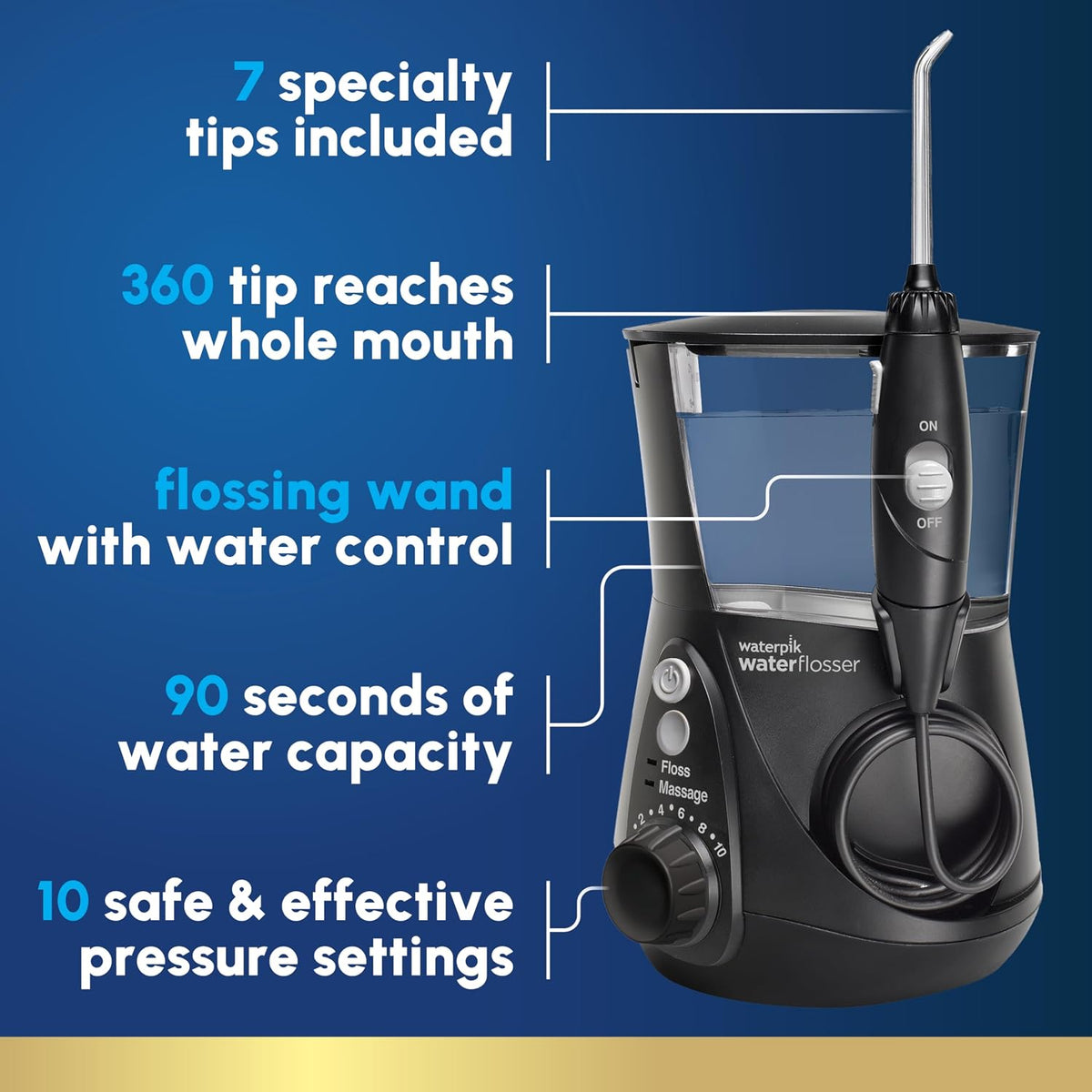 Waterpik Aquarius Water Flosser For Teeth Cleaning, Gums, Braces, Dental Care, Electric Power With 10 Settings, 7 Tips For Multiple Users & Needs, CDA Validated, Black WP-662, Packaging May Vary | 10 pressure settings, For gums, braces, implants and teeth – view 5