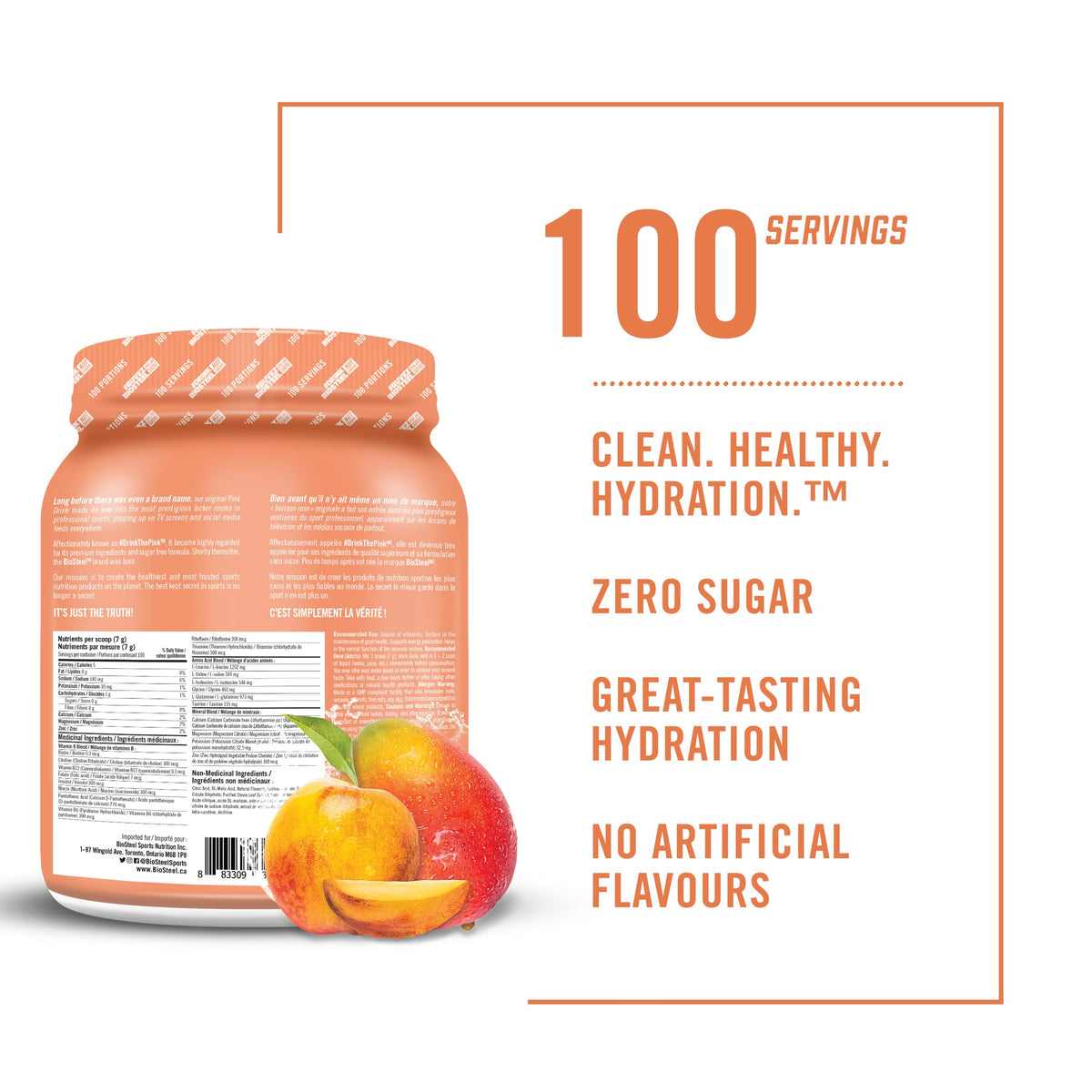 BioSteel Electrolyte Hydration Mix Powder, Zero Sugar, No Artificial Flavours, Peach Mango, 100 Serving Container 🍁 All In One Marketplace Canada – view 2