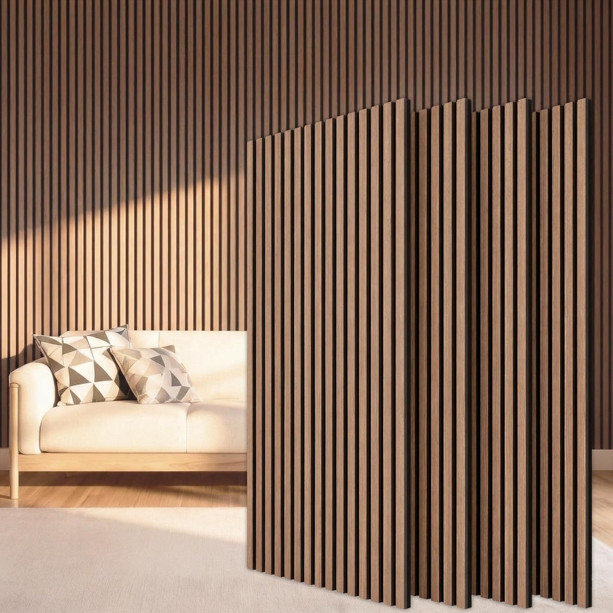 TONOR 4 Pack Acoustic Panels, Wood Panels for Walls, 47.2" x 23.6" Panneau Acoustique Mural, Flexible Slat Wall Panel for Home, Studio, Office, Brown
