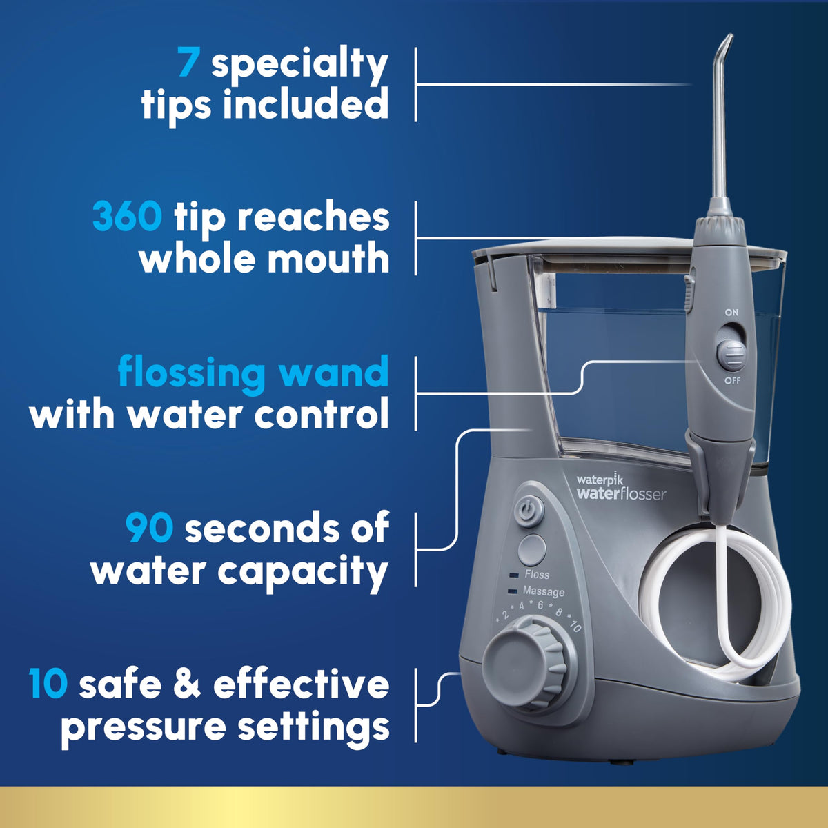 Waterpik Aquarius Water Flosser For Teeth Cleaning, Gums, Braces, Dental Care, Electric Power With 10 Settings, 7 Tips For Multiple Users & Needs, CDA Validated, Black WP-662, Packaging May Vary | 10 pressure settings, For gums, braces, implants and teeth – view 16