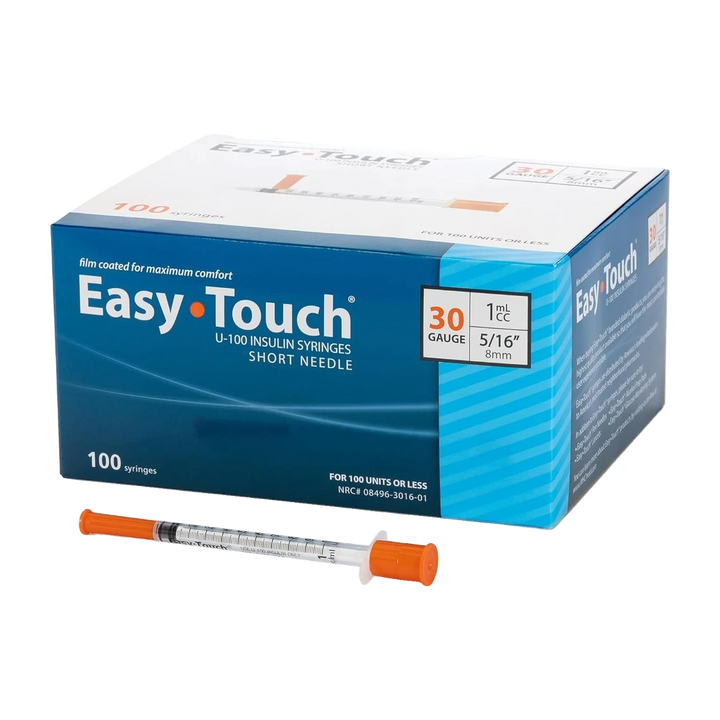 Easy Touch 30 Gauge U-100 Insulin Syringes (30G 1cc 1/2”) with 1/2” Long Needle, 1cc (100 Unit Capacity), Bold Markings for Accurate Dosing, Disposable, Box of 100