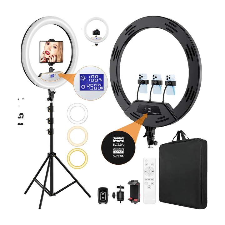 22" LED Ring Light, with 75" Tripod/LCD Display/3 Phone Clips/ 2 USB Ports/Wireless Remote, Adjustable 2600K-6500K Color Temperature, for YouTube Facebook Live TikTok Video Recording Vlog | LCD Display,2 Usb Ports, Fits Ipad/Tablet 12.9", 2600k-6500k Colo