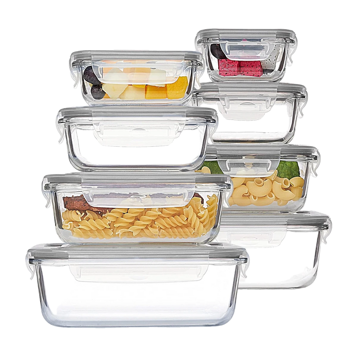 Vtopmart 8 Pack Glass Food Storage Containers with Lids, Grey | Meal Prep Containers, Airtight Lids for Leftover, On-the-go, Safe for Microwave, Oven, Freezer and Dishwasher