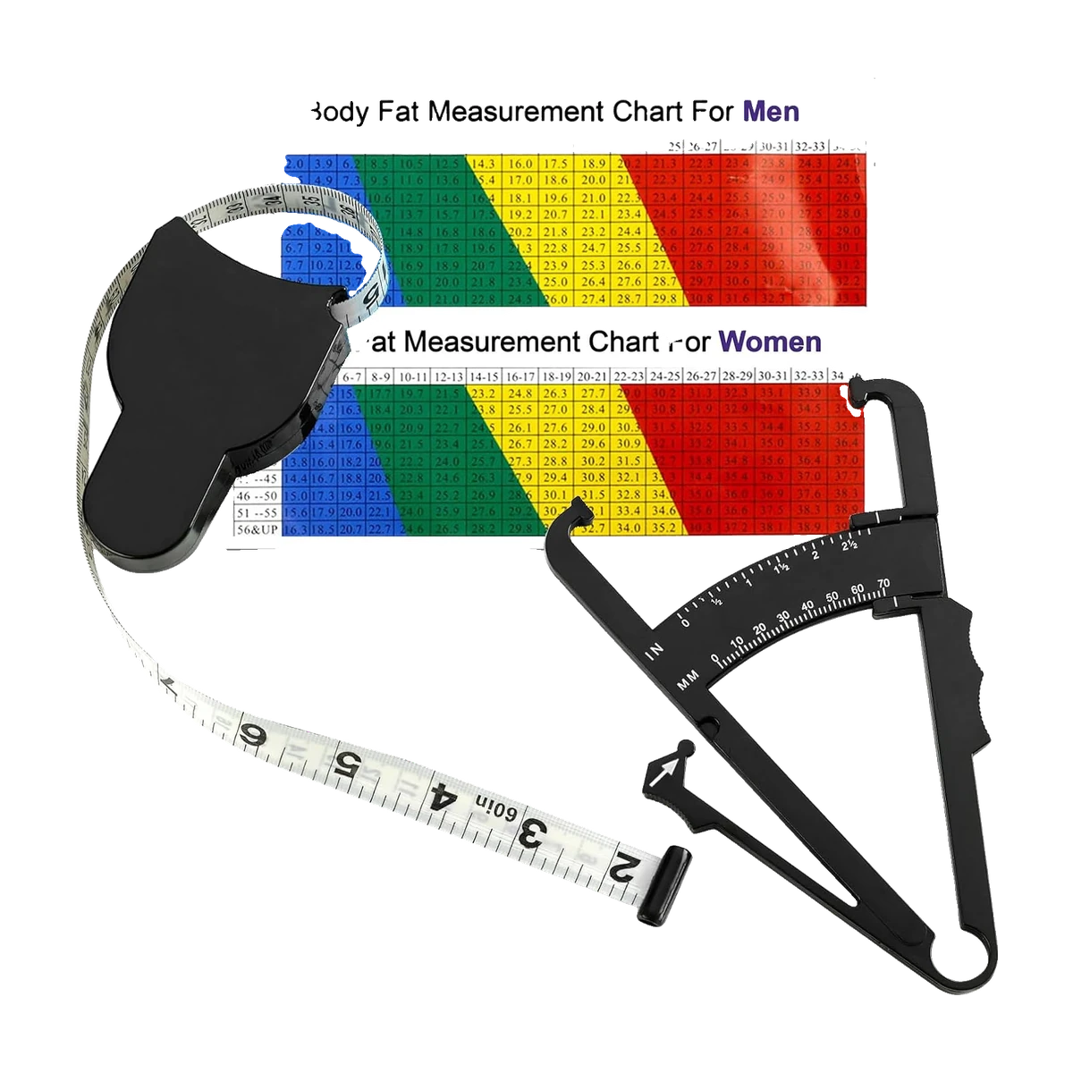 Skin fold Body Fat Caliper Set - Ling-Luo Skin fold Calipers and Body Fat Tape Measure Tool for Accurately Measuring BMI Skin Fold Fitness and Weight-Loss (2PCS，Black)